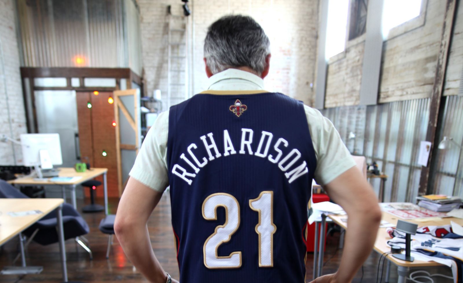 Rodney Richardson showing off his custom Pelicans jersey