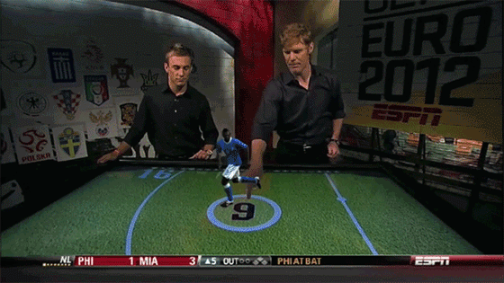 Animated gif of a table top with augmented reality on an ESPN FC broadcast